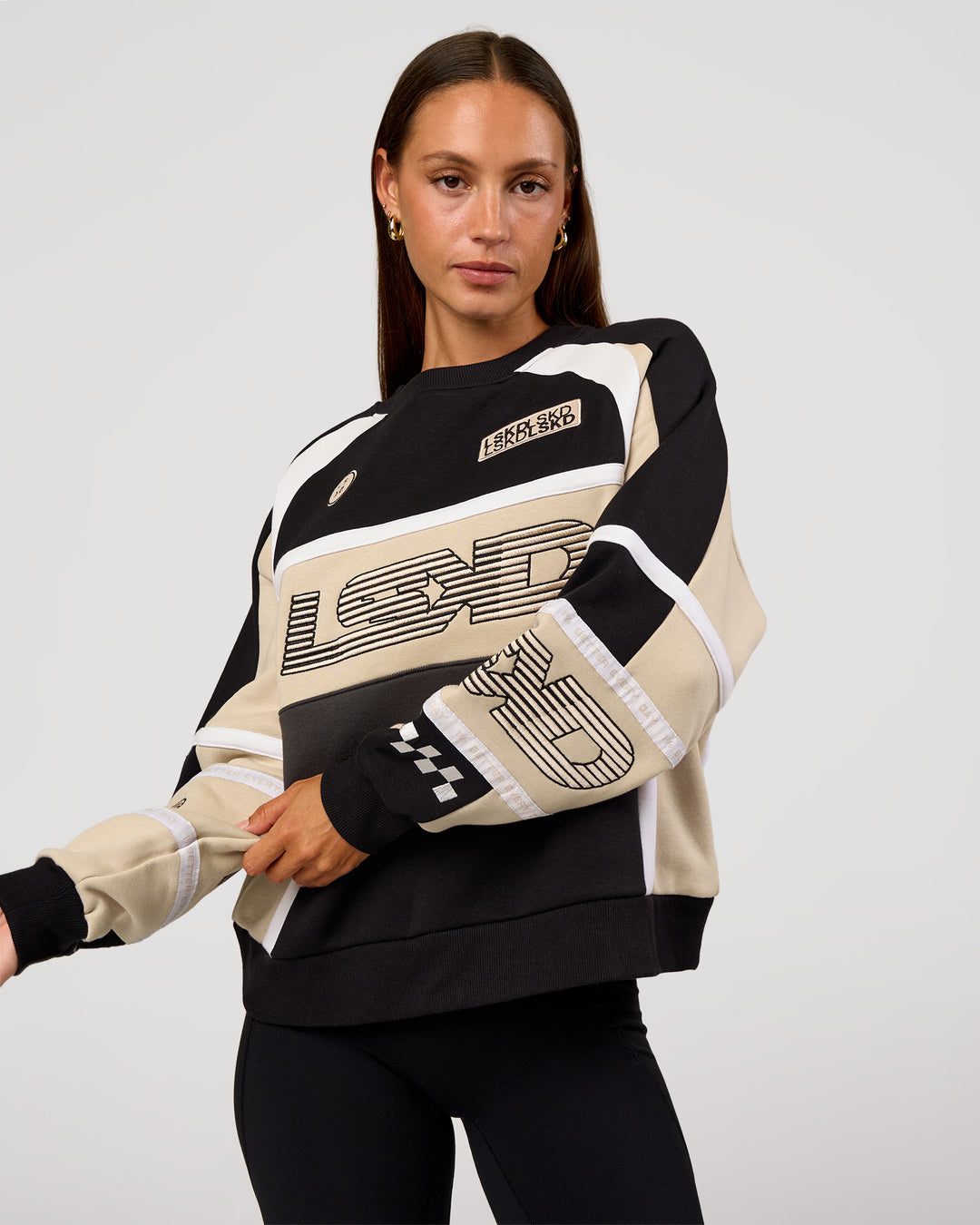 Woman wearing Power Sweater - Black-Shale Beige | Model:Brylee | Size:XS - view 5