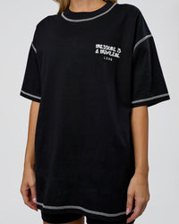 Woman wearing Pressure is Privilege Oversized Tee - Black-White | Model:Leilani | Size:XS | Thumbnail Index: 8