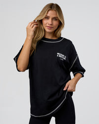 Woman wearing Pressure is Privilege Oversized Tee - Black-White | Model:Leilani | Size:XS | Thumbnail Index: 3