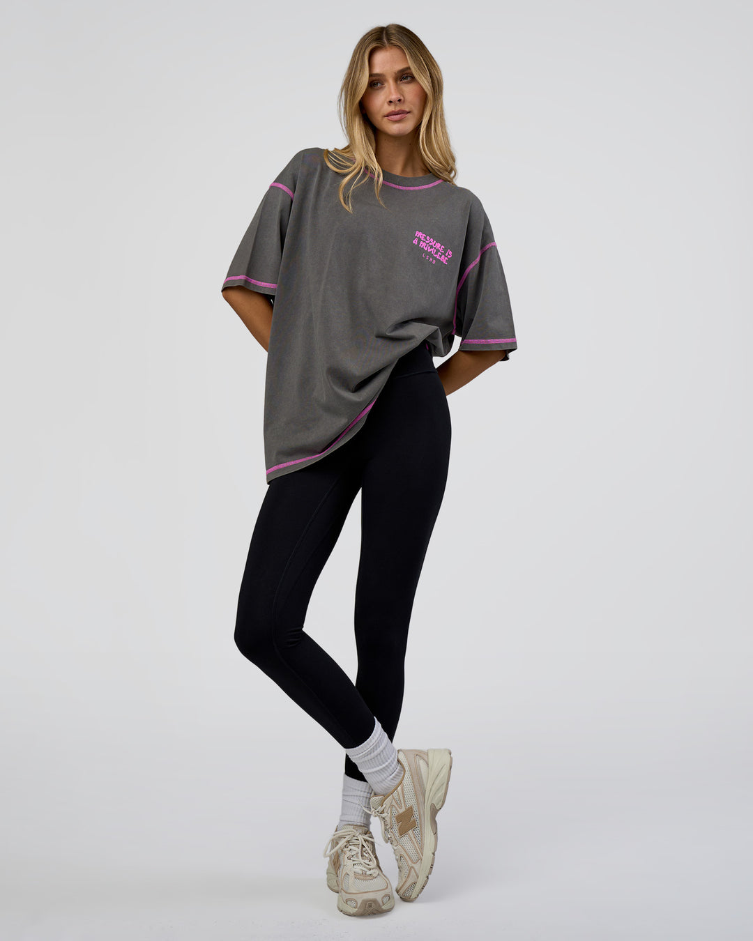 Woman wearing Pressure is Privilege Oversized Tee - Dark Storm Washed-Ultra Fuchsia | Model:Leilani | Size:XS - view 7
