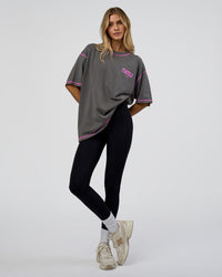 Woman wearing Pressure is Privilege Oversized Tee - Dark Storm Washed-Ultra Fuchsia | Model:Leilani | Size:XS | Thumbnail Index: 6