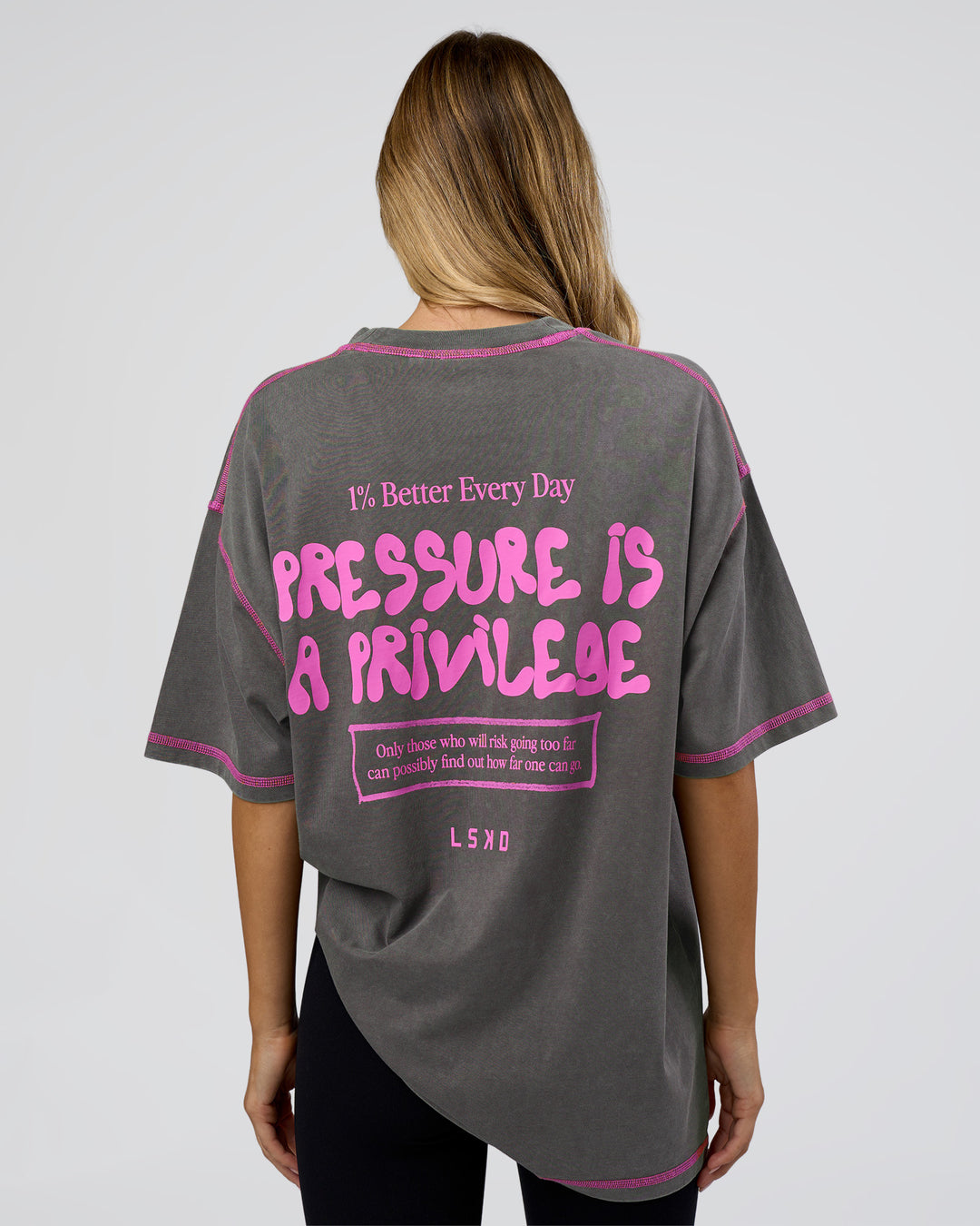 Woman wearing Pressure is Privilege Oversized Tee - Dark Storm Washed-Ultra Fuchsia | Model:Leilani | Size:XS - view 4