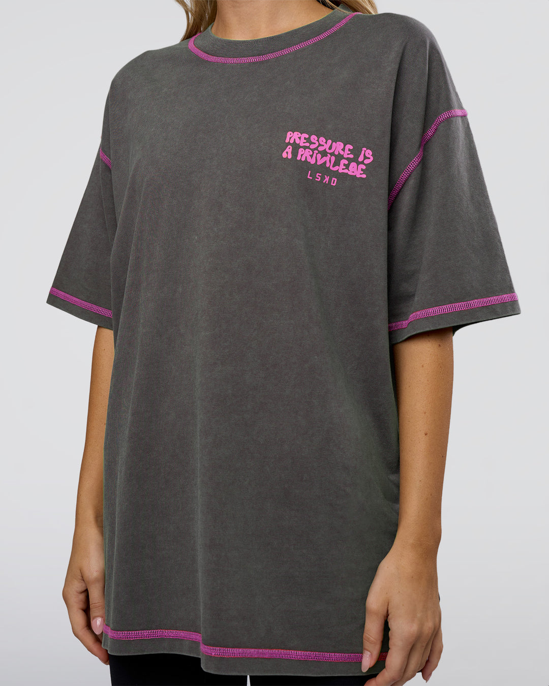 Woman wearing Pressure is Privilege Oversized Tee - Dark Storm Washed-Ultra Fuchsia | Model:Leilani | Size:XS - view 11