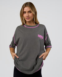 Woman wearing Pressure is Privilege Oversized Tee - Dark Storm Washed-Ultra Fuchsia | Model:Leilani | Size:XS | Thumbnail Index: 4