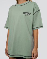 Woman wearing Pressure is Privilege Oversized Tee - Iceberg Green-Black | Model:Leilani | Size:XS | Thumbnail Index: 10