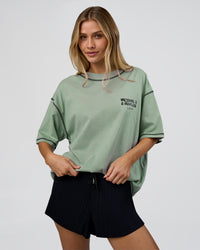 Woman wearing Pressure is Privilege Oversized Tee - Iceberg Green-Black | Model:Leilani | Size:XS | Thumbnail Index: 4