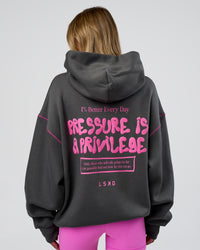 Woman wearing Pressure is Privilege Oversized Hoodie - Dark Storm-Ultra Fuchsia | Model:Leilani | Size:XS | Thumbnail Index: 3