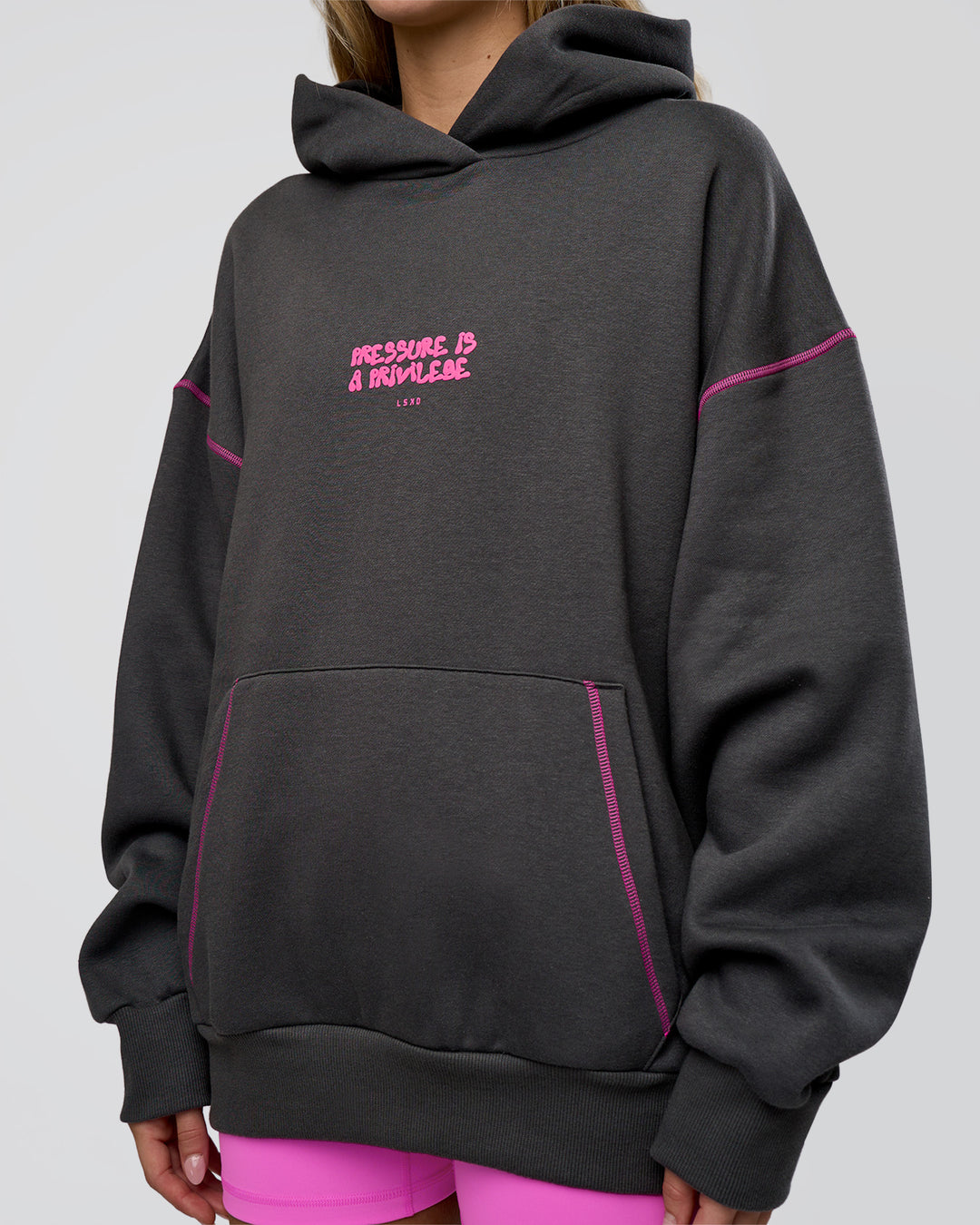 Woman wearing Pressure is Privilege Oversized Hoodie - Dark Storm-Ultra Fuchsia | Model:Leilani | Size:XS - view 11