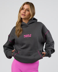 Woman wearing Pressure is Privilege Oversized Hoodie - Dark Storm-Ultra Fuchsia | Model:Leilani | Size:XS | Thumbnail Index: 4