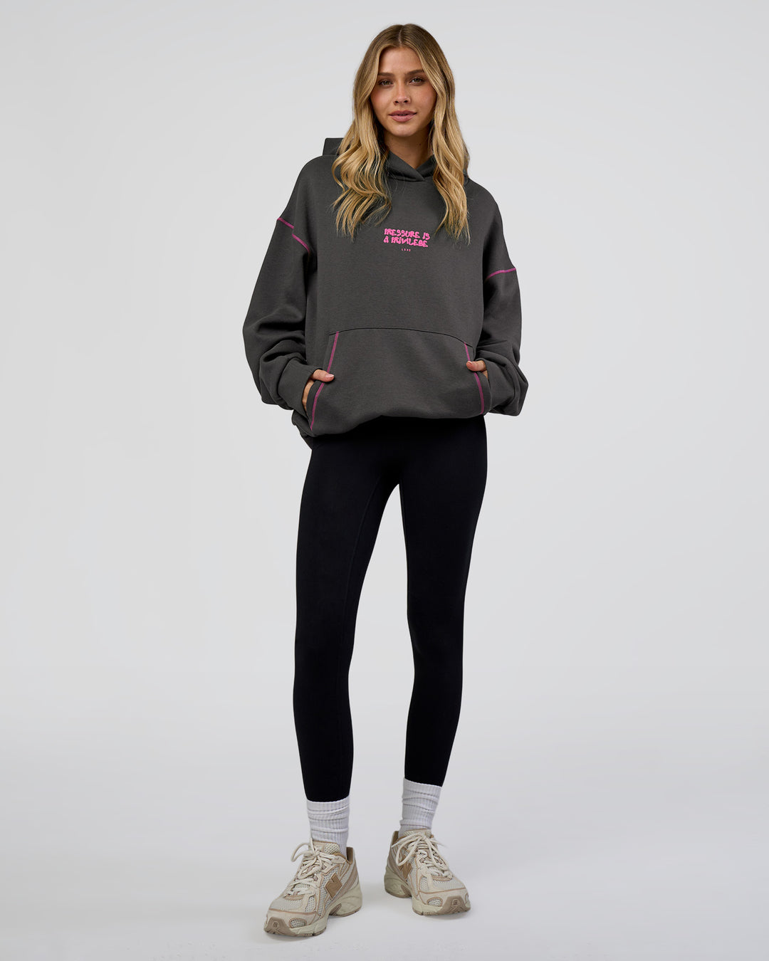 Woman wearing Pressure is Privilege Oversized Hoodie - Dark Storm-Ultra Fuchsia | Model:Leilani | Size:XS - view 9