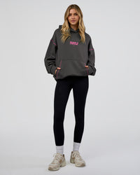Woman wearing Pressure is Privilege Oversized Hoodie - Dark Storm-Ultra Fuchsia | Model:Leilani | Size:XS | Thumbnail Index: 8