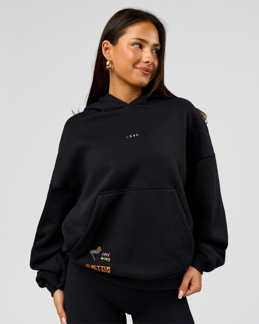 Woman wearing Pride Sticker Boxy Hoodie - Black | Model:Bianca | Size:XS - view 9