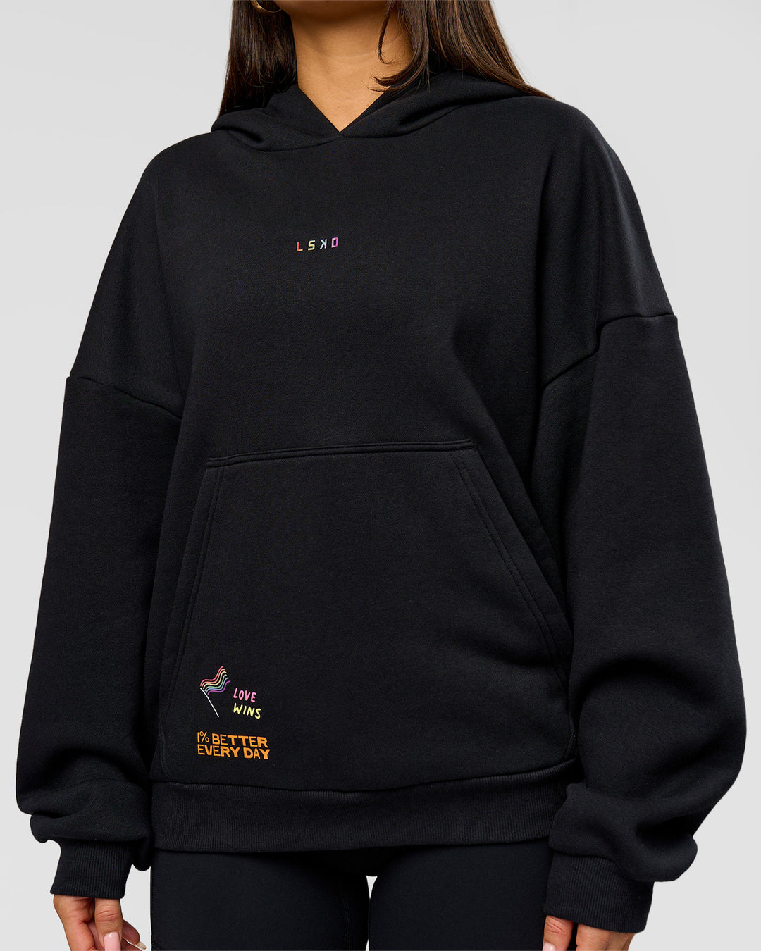 Woman wearing Pride Sticker Boxy Hoodie - Black | Model:Bianca | Size:XS - view 17