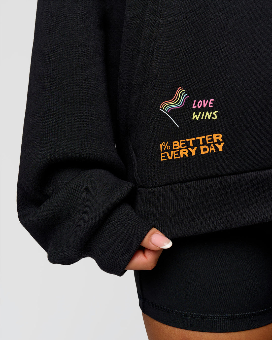 Woman wearing Pride Sticker Boxy Hoodie - Black | Model:Bianca | Size:XS - view 11