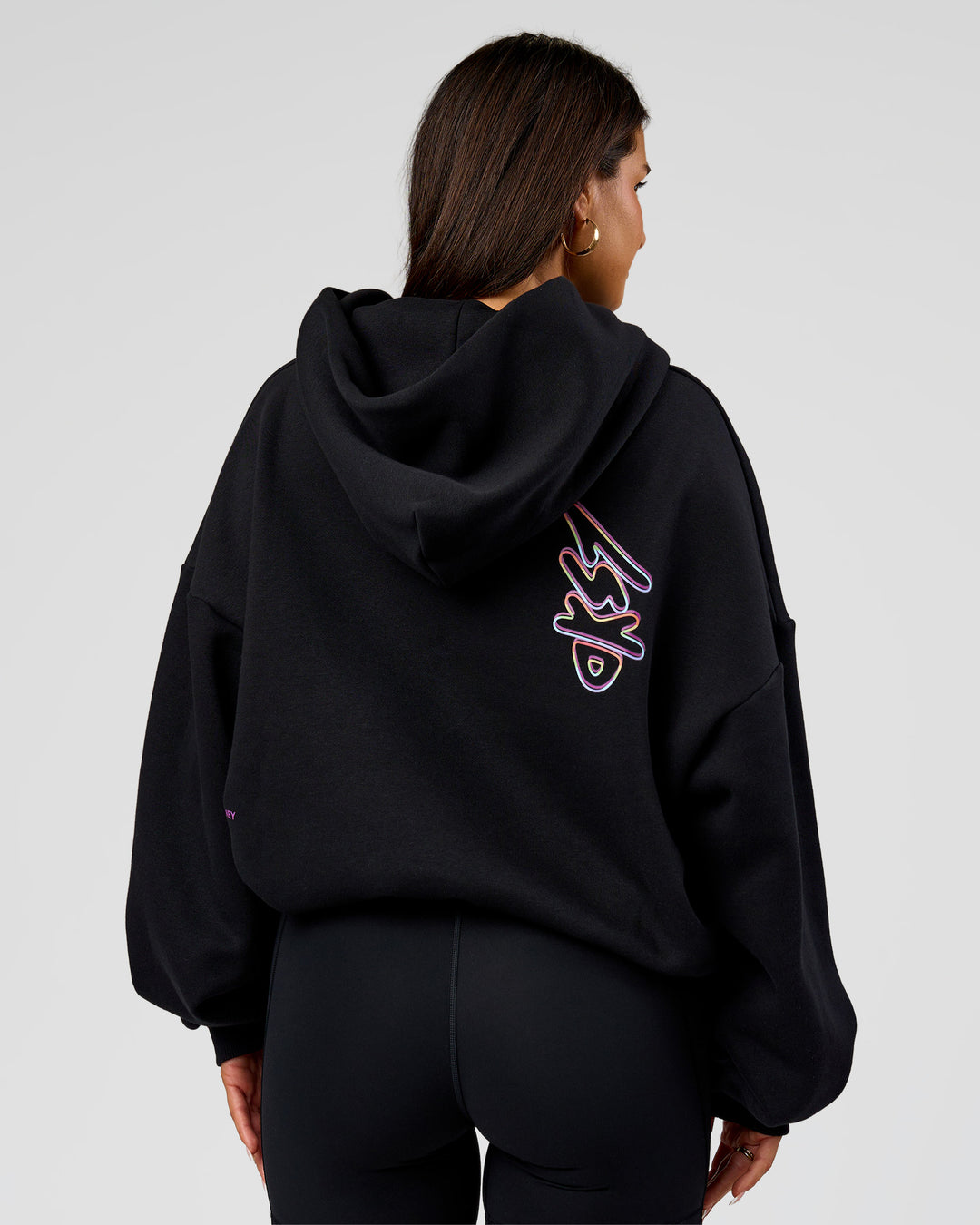 Woman wearing Pride Sticker Boxy Hoodie - Black | Model:Bianca | Size:XS - view 16