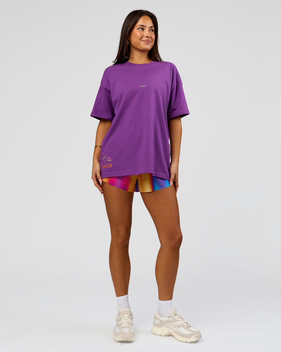 Woman wearing Pride Sticker Boxy Tee - Fresh Purple | Model:Bianca | Size:XS - view 17