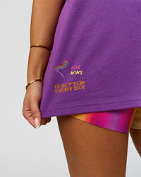 Woman wearing Pride Sticker Boxy Tee - Fresh Purple | Model:Bianca | Size:XS | Thumbnail Index: 5