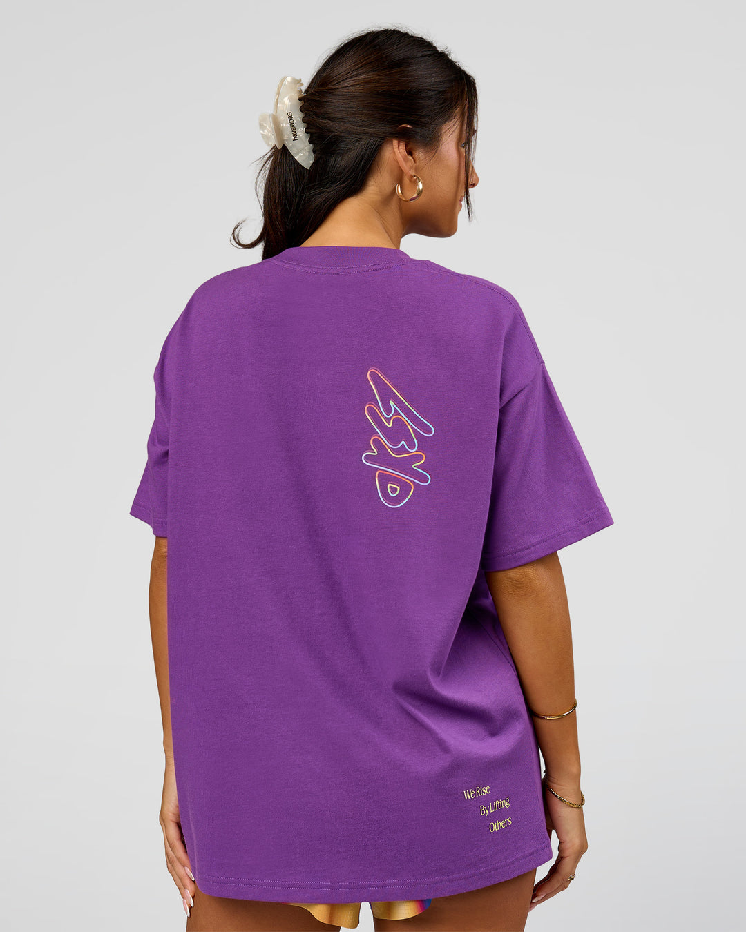 Woman wearing Pride Sticker Boxy Tee - Fresh Purple | Model:Bianca | Size:XS - view 23
