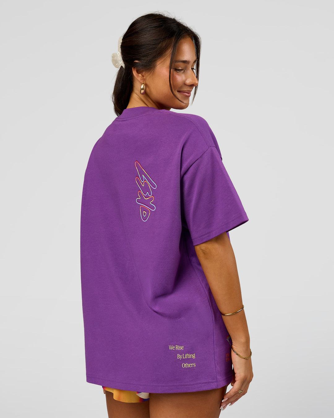 Woman wearing Pride Sticker Boxy Tee - Fresh Purple | Model:Bianca | Size:XS - view 11