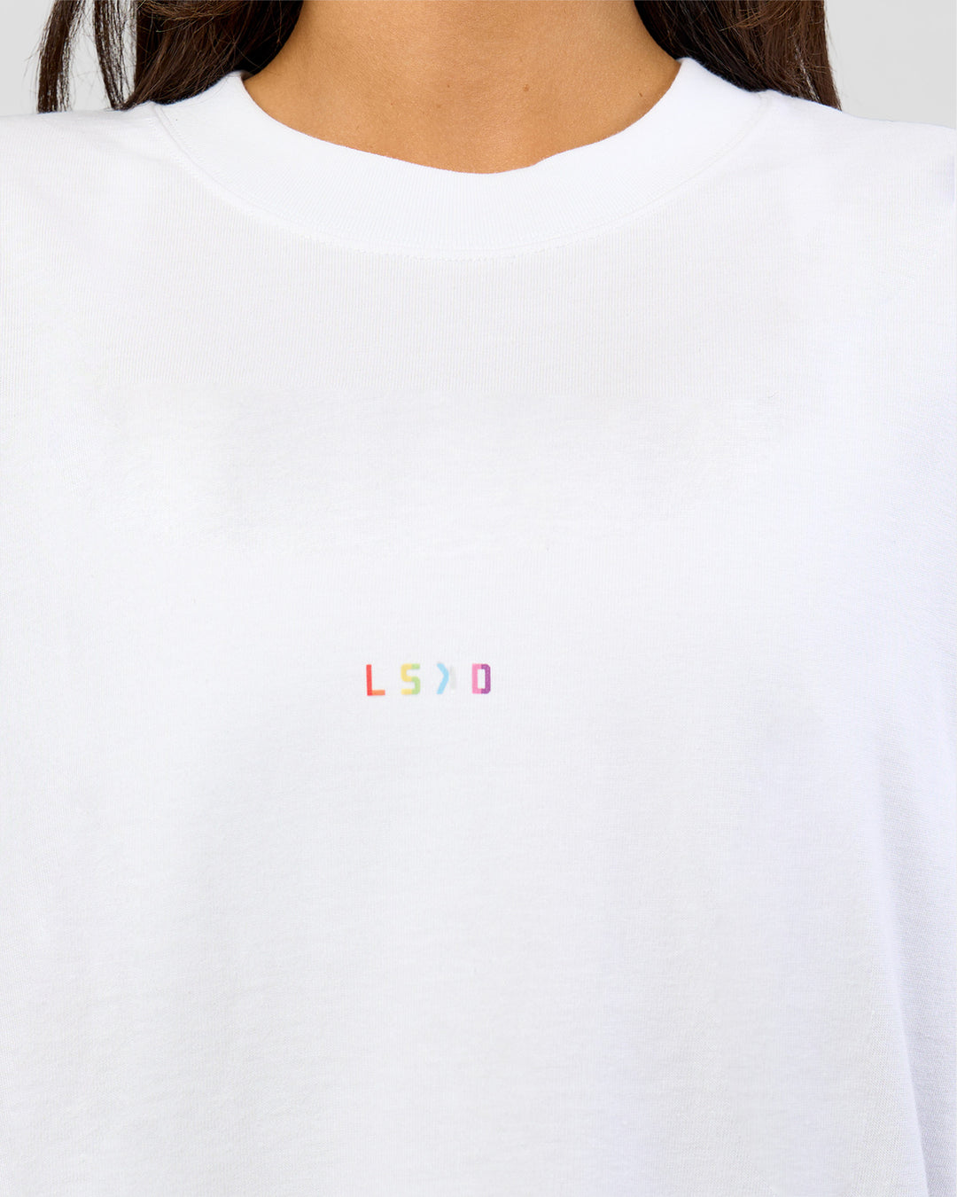 Woman wearing Pride Sticker Boxy Tee - White | Model:Bianca | Size:XS - view 8