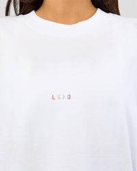 Woman wearing Pride Sticker Boxy Tee - White | Model:Bianca | Size:XS | Thumbnail Index: 7