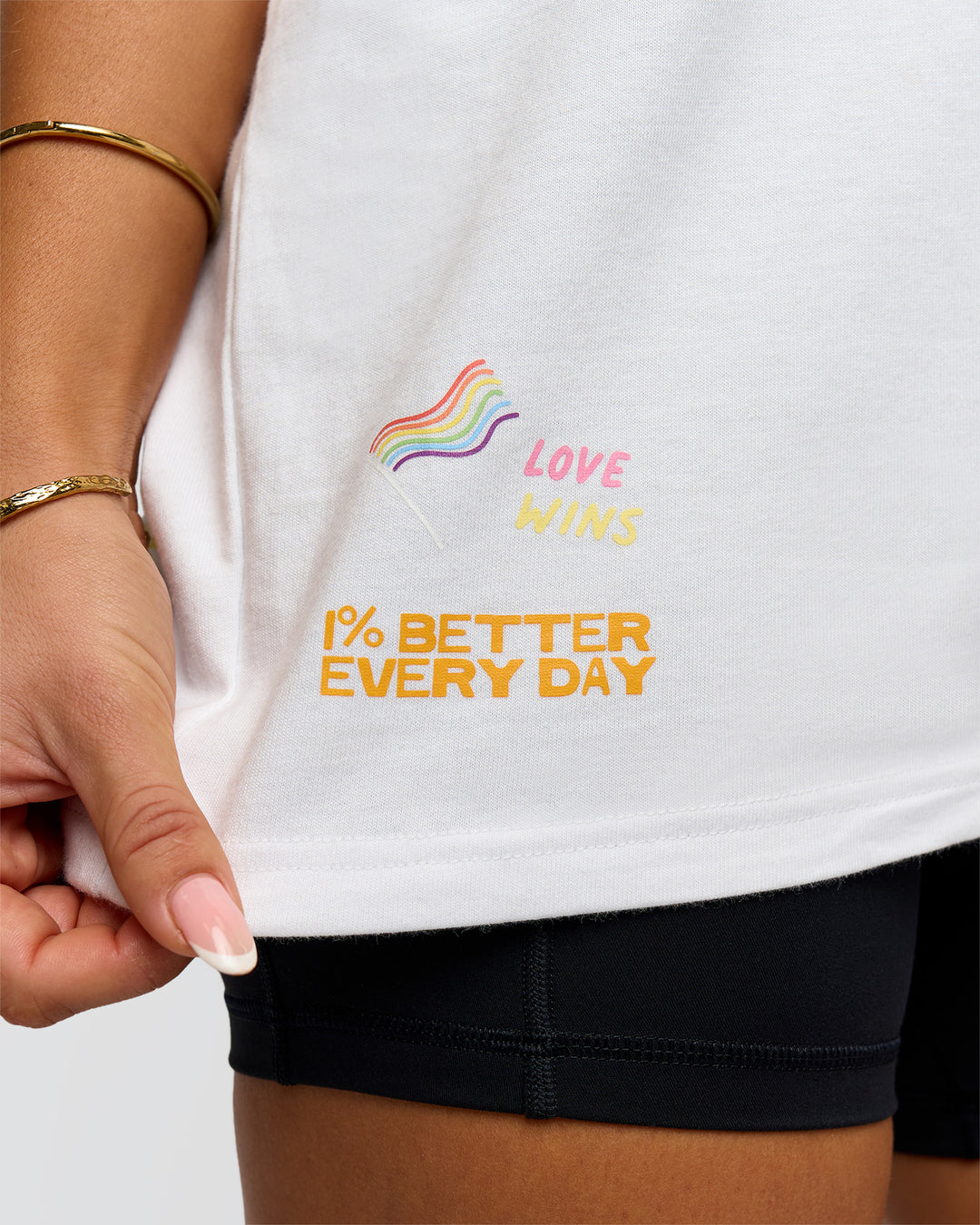 Woman wearing Pride Sticker Boxy Tee - White | Model:Bianca | Size:XS - view 11