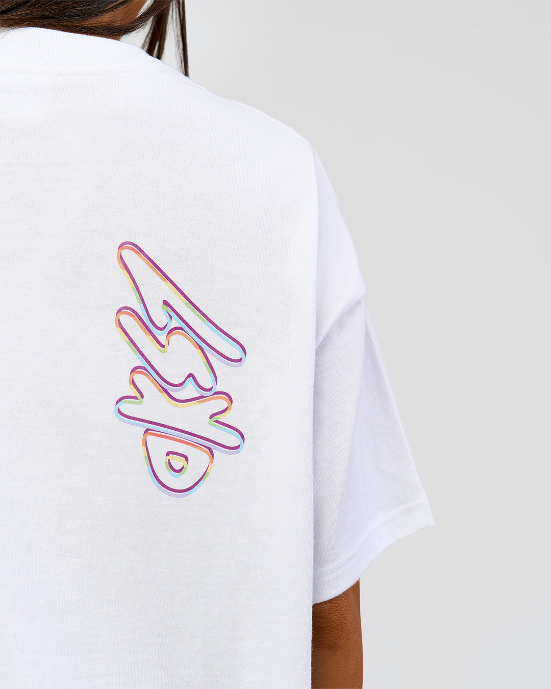 Woman wearing Pride Sticker Boxy Tee - White | Model:Bianca | Size:XS - view 12