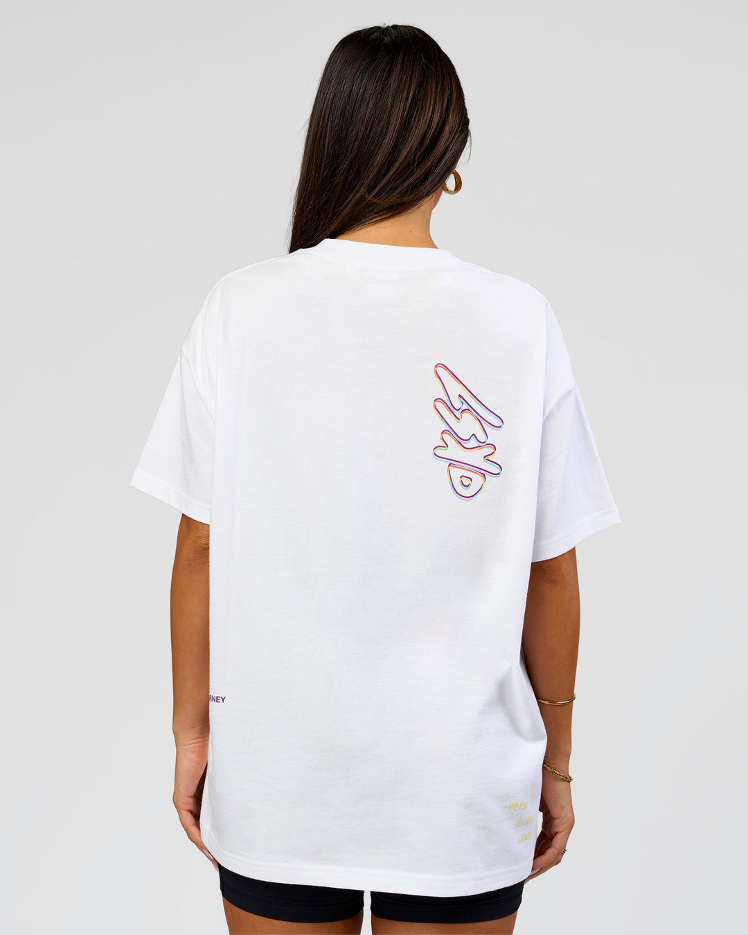 Woman wearing Pride Sticker Boxy Tee - White | Model:Bianca | Size:XS - view 13