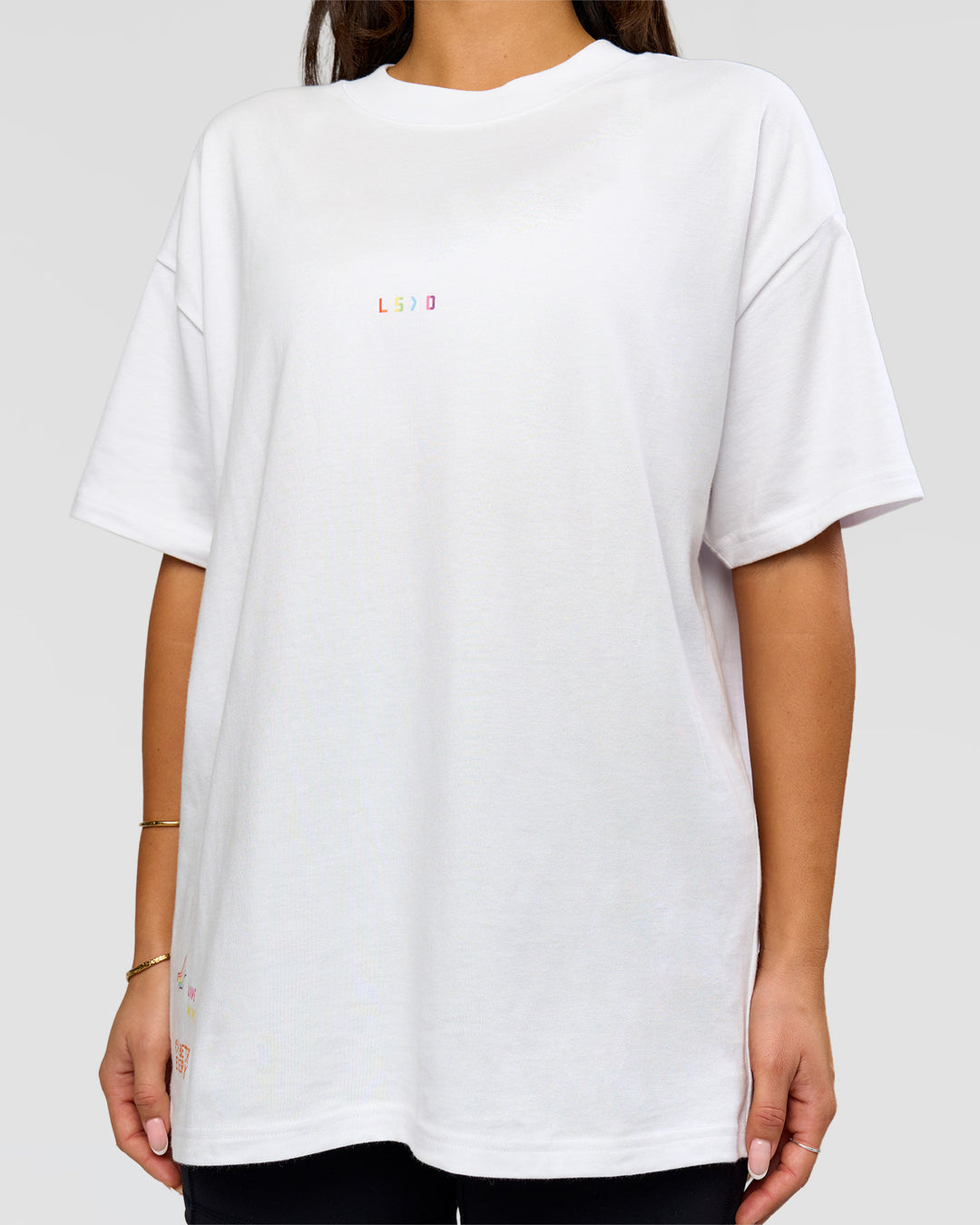 Woman wearing Pride Sticker Boxy Tee - White | Model:Bianca | Size:XS - view 14
