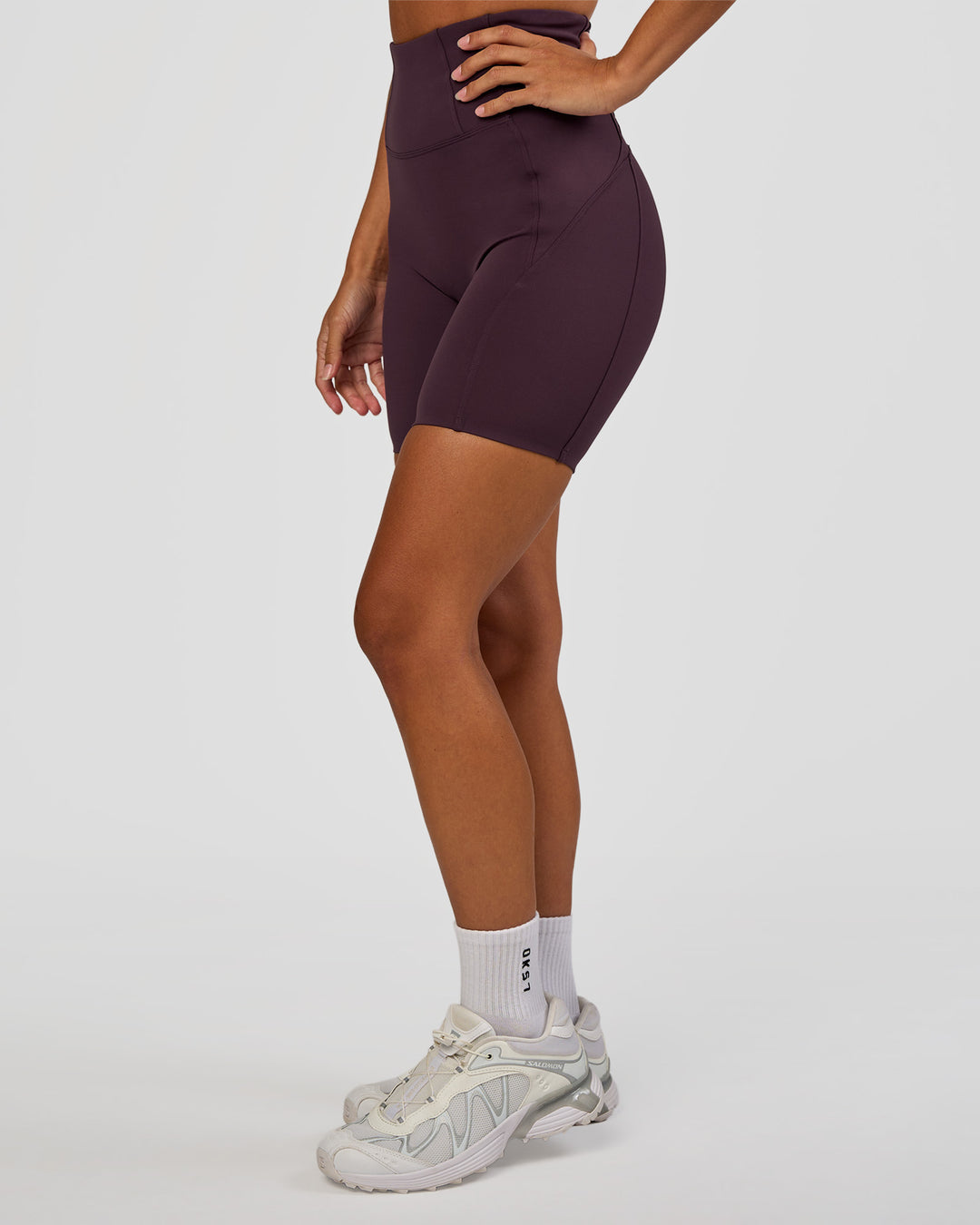 Woman wearing Progression Ultra High-Rise 6" Short - Midnight Plum | Mode:Brylee | Size:XS - view 3