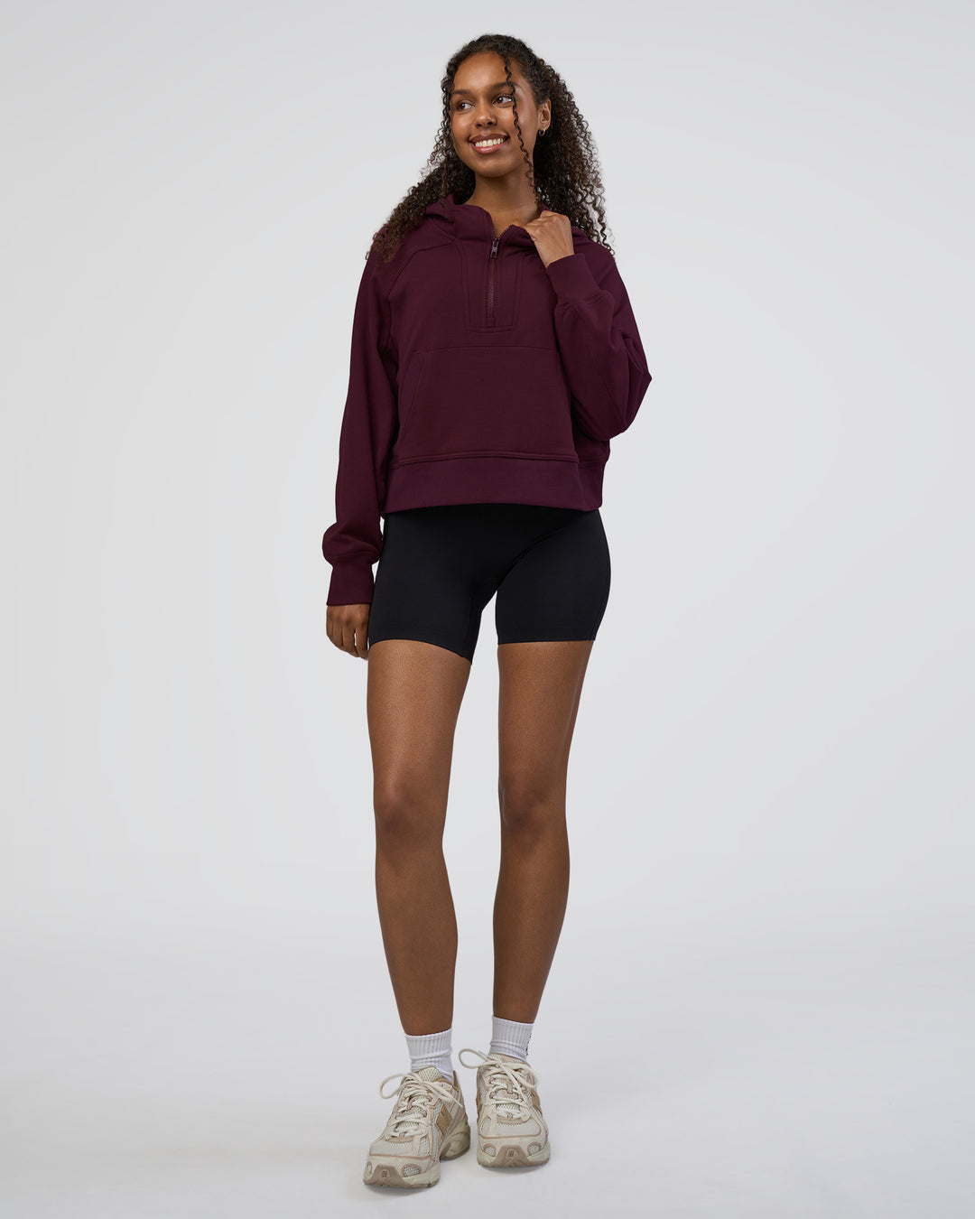 Woman wearing Pursue Mid-Weight Hoodie - Cherry Lacquer | Model:Jordan | Size:XS - view 2