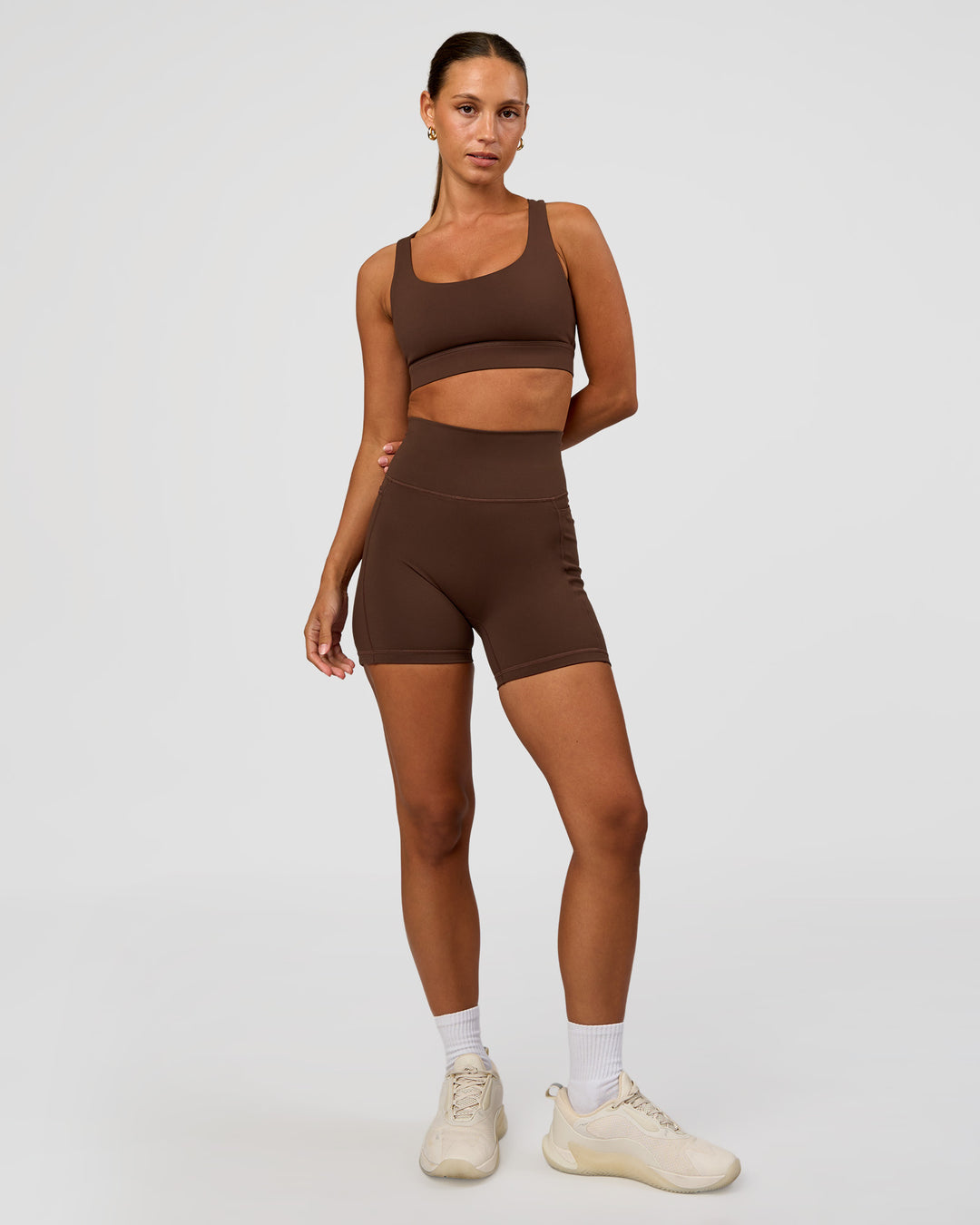 Woman wearing Race Day Sports Bra - Hot Chocolate | Model:Brylee | Size:XS - view 3