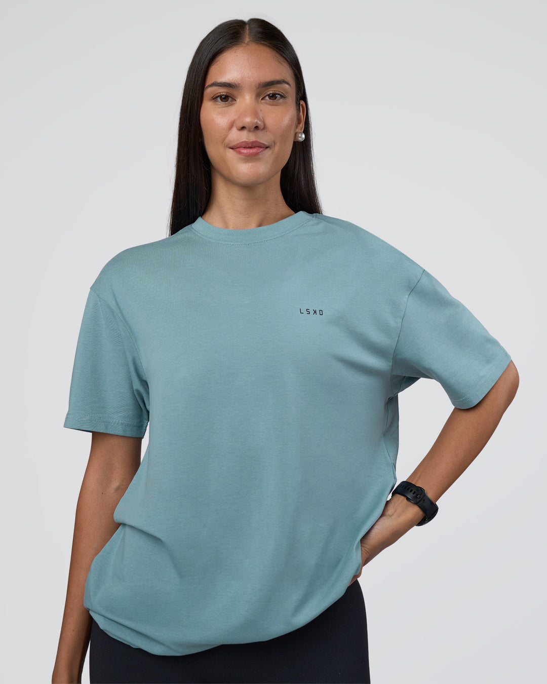 Woman wearing Research Department FLXCotton Oversized Tee - Smoke Blue | Model:Rhiley | Size:XS - view 4