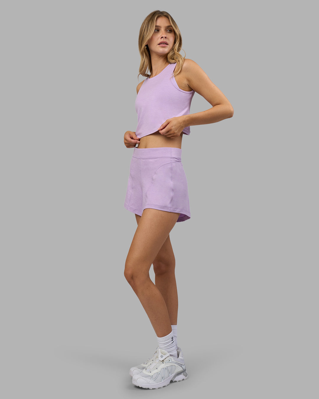 Woman wearing Restore CloudFLX Tank - Orchid Bloom Marl | Model:Leilani | Size:XS - view 5