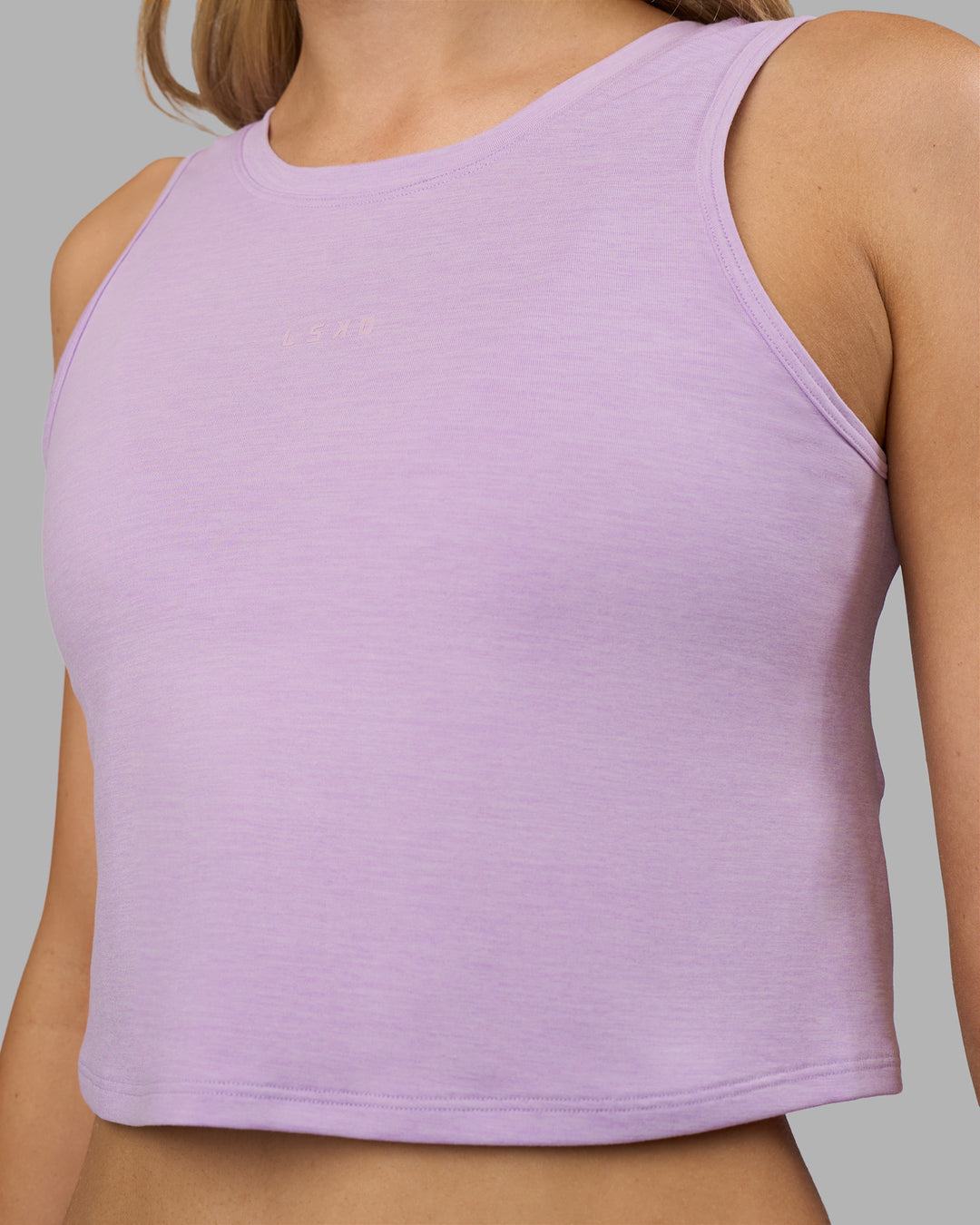 Woman wearing Restore CloudFLX Tank - Orchid Bloom Marl | Model:Leilani | Size:XS - view 6