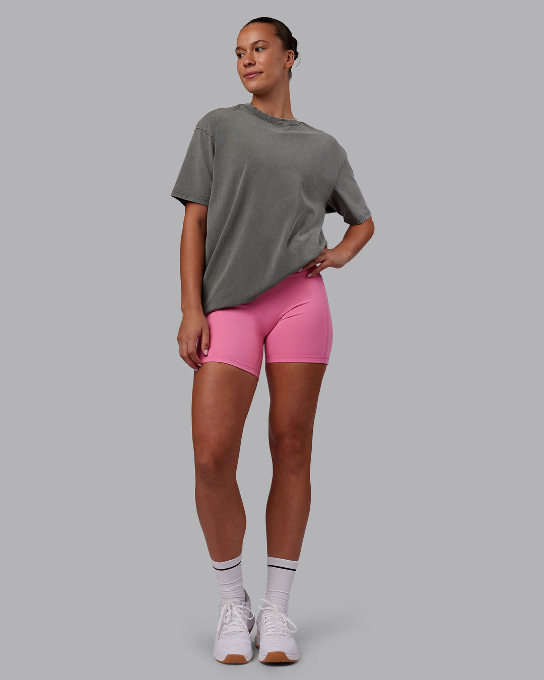 Woman wearing Rise &amp; Lift Washed FLXCotton Oversized Tee - Graphite-Purple Opulence | Model:Charlize | Size:XS - view 13