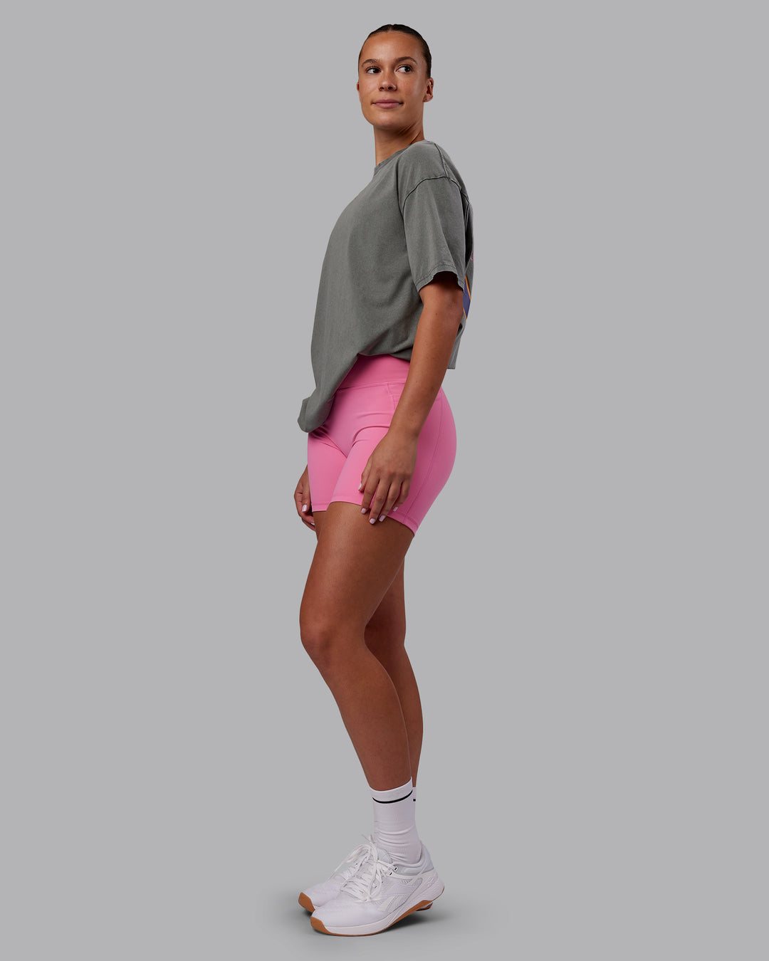 Woman wearing Rise &amp; Lift Washed FLXCotton Oversized Tee - Graphite-Purple Opulence | Model:Charlize | Size:XS - view 8
