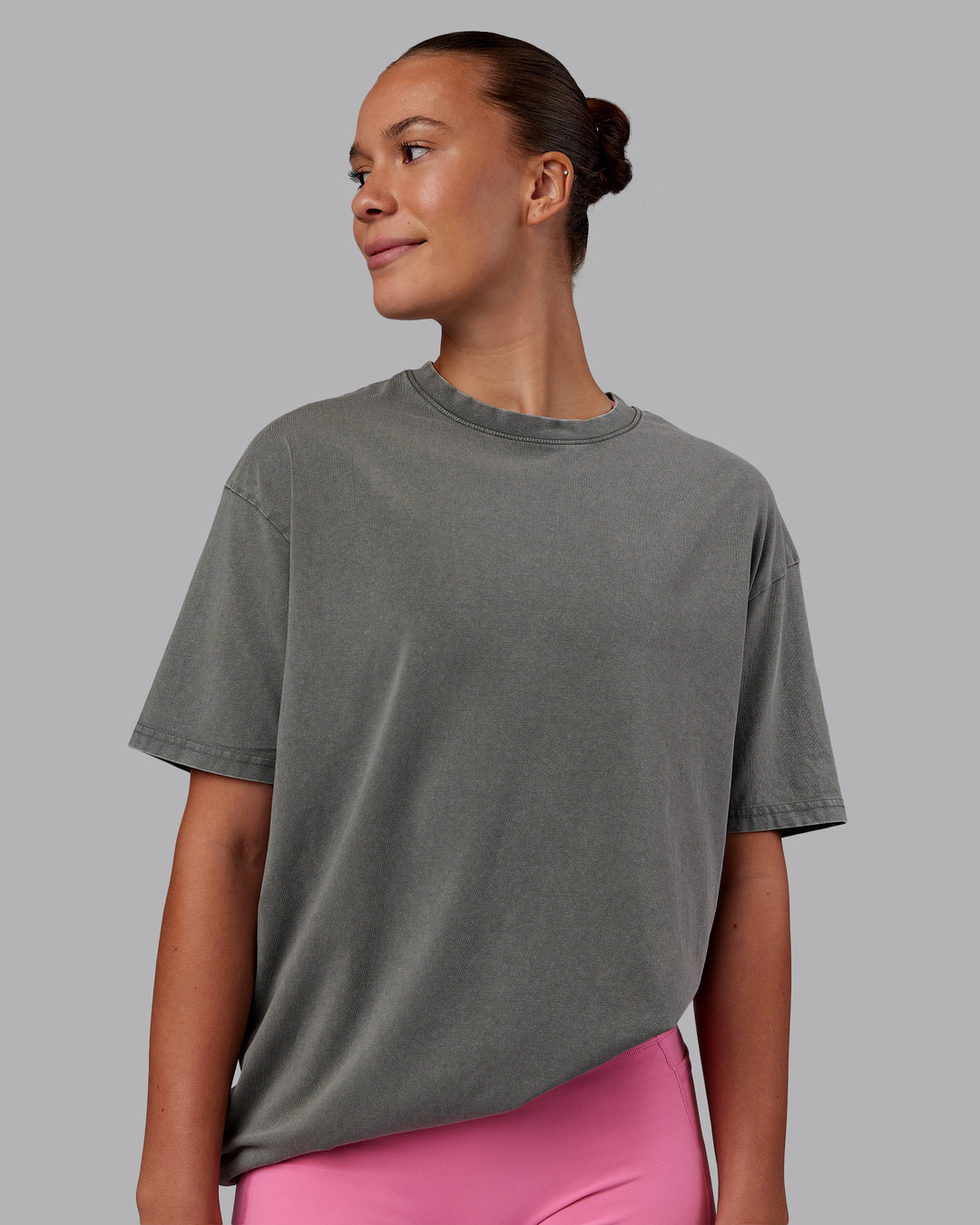 Woman wearing Rise &amp; Lift Washed FLXCotton Oversized Tee - Graphite-Purple Opulence | Model:Charlize | Size:XS - view 3