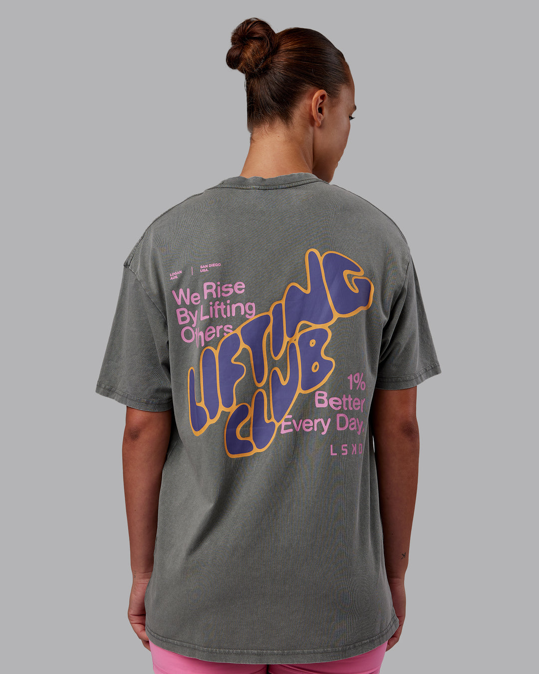 Woman wearing Rise &amp; Lift Washed FLXCotton Oversized Tee - Graphite-Purple Opulence | Model:Charlize | Size:XS - view 2