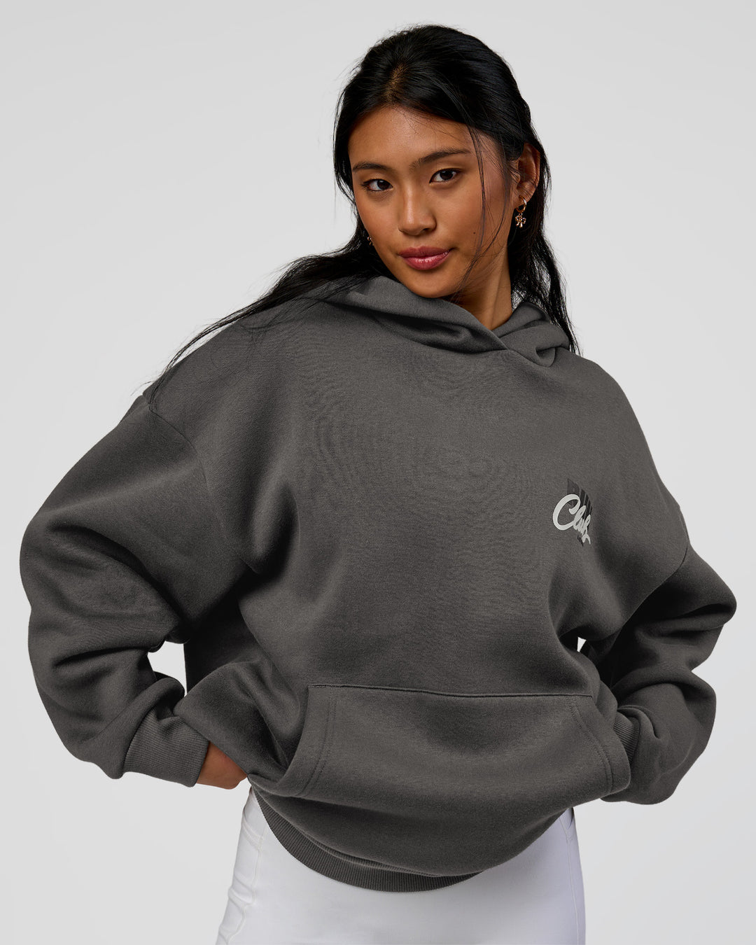 Woman wearing Run Club Script Oversized Hoodie - Dark Storm-Alloy | Model:Loren | Size:XS - view 5