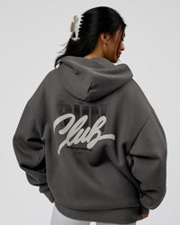 Woman wearing Run Club Script Oversized Hoodie - Dark Storm-Alloy | Model:Loren | Size:XS | Thumbnail Index: 3