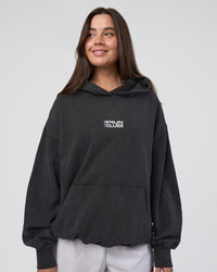 Woman wearing Runner’s Unisex Oversized Hoodie - Black Washed-White | Model:Estella | Size:XS | Thumbnail Index: 3