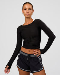 Woman wearing Scrunch Long Sleeve Tee - Black | Model:Brylee | Size:XS | Thumbnail Index: 0