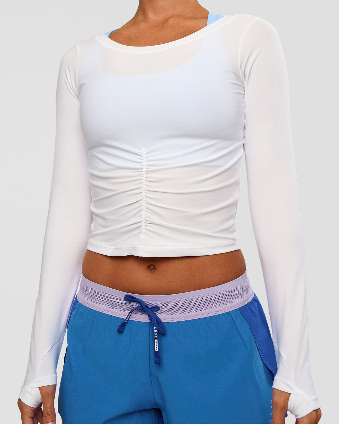 Woman wearing Scrunch Long Sleeve Tee - White | Model:Brylee | Size:XS - view 2