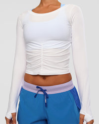 Woman wearing Scrunch Long Sleeve Tee - White | Model:Brylee | Size:XS | Thumbnail Index: 1