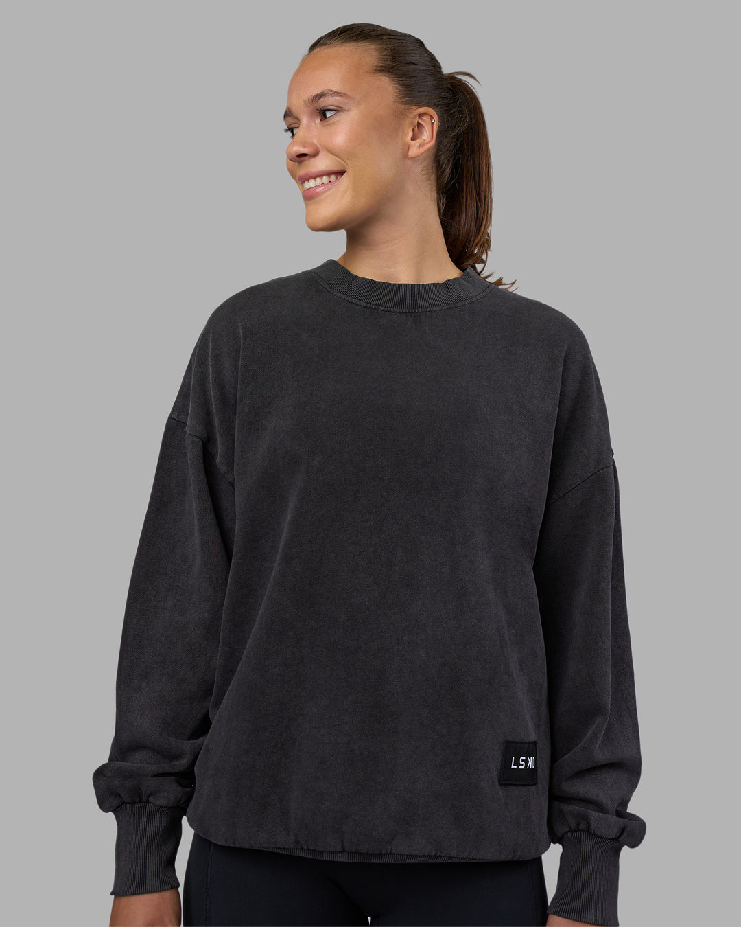 Woman wearing Segmented Oversized Sweater - Black Washed | Model:Charlize | Size:XS - view 9
