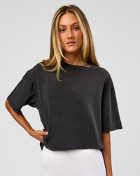 Woman wearing Shadow Mode FLXCotton Oversized Tee - Black Washed | Model:Georgia | Size:XS | Thumbnail Index: 3