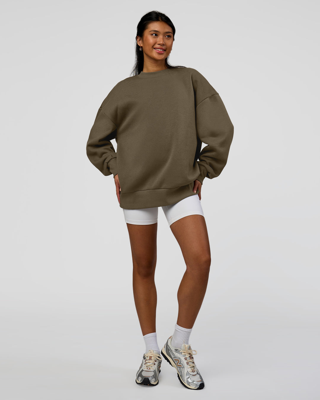 Woman wearing Shadow Mode Oversized Sweater - Walnut Grey | Model:Alex | Size:XS - view 9