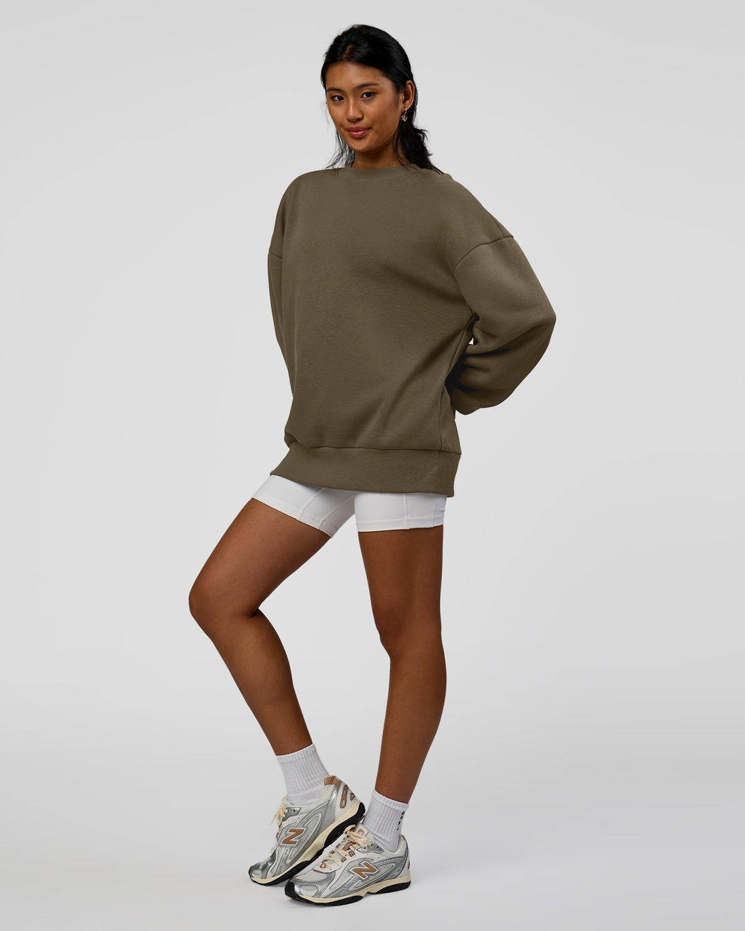 Woman wearing Shadow Mode Oversized Sweater - Walnut Grey | Model:Alex | Size:XS - view 11