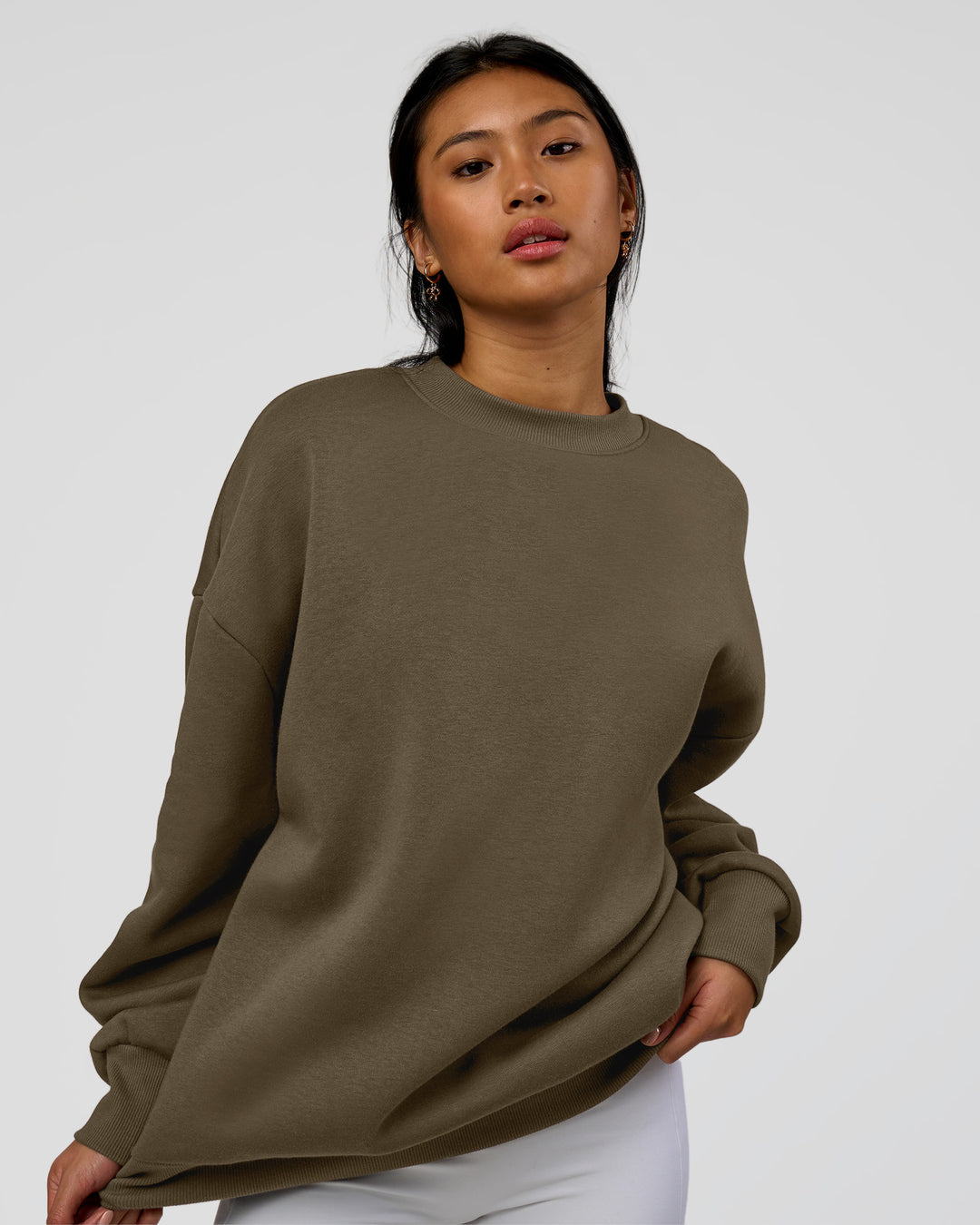 Woman wearing Shadow Mode Oversized Sweater - Walnut Grey | Model:Alex | Size:XS - view 5